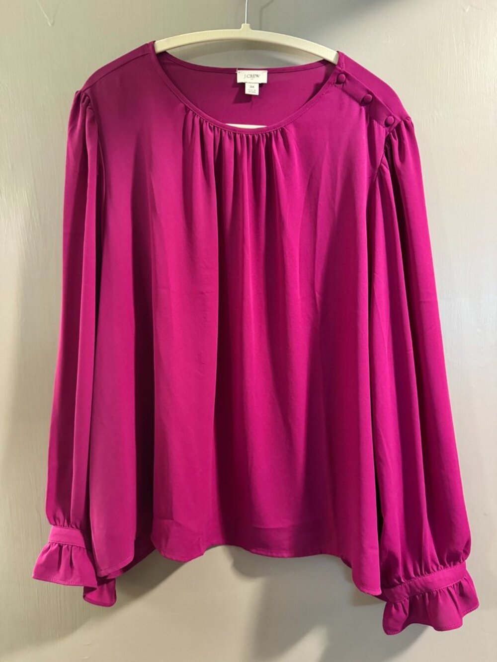 J.Crew 3X Button-Neck Ruffle Blouse in Fuchsia
